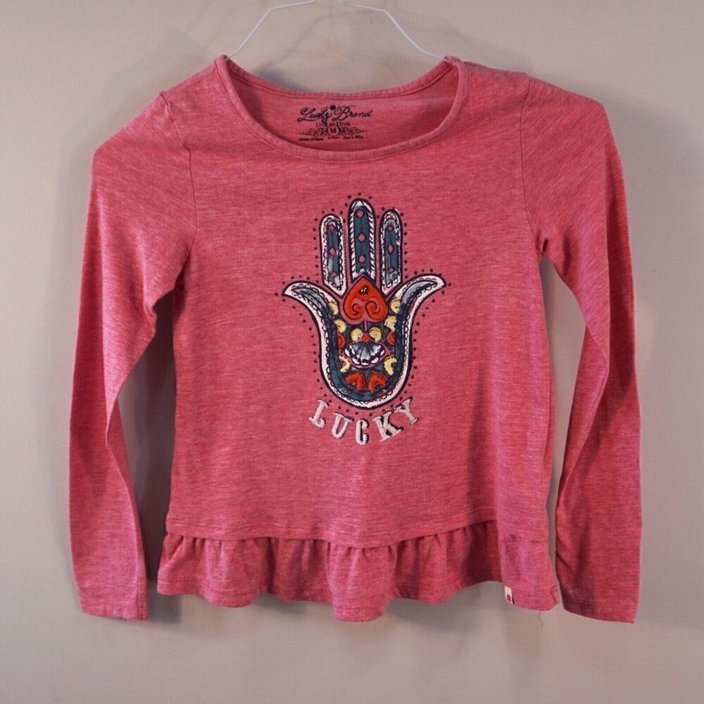Lucky Brand Girls Top Sz M Pink Embroidered Hamsa Hand Long Sleeve Peplum Tee